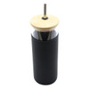 A drink bottle featuring a black plastic body, bamboo lid, and stainless steel straw. It has a logo.