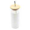 A drink bottle with a white body, bamboo lid, and metal straw, featuring a logo.
