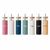 A drink bottle set featuring a pink, white, teal, black, and orange tumbler with natural wood lids and logos.