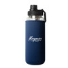 A drink bottle with a clear body and navy blue sleeve, featuring a black lid and a logo.