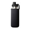 A drink bottle with a transparent body, black neoprene sleeve, and a black screw-on lid. Features a logo.