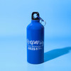 A drink bottle in bright blue with a black cap and a keyring attachment. It features white text and a logo.