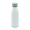 A drink bottle in white aluminium with a stainless steel lid and a logo on its surface.