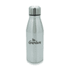 A drink bottle in silver aluminium with a stainless-steel screw top and a logo printed on the side.