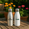 A drink bottle set featuring silver, white, blue, and red aluminium bottles with metal lids and branding areas.