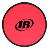 A red fold-up flying disc with a black border and a logo in the centre.