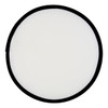 A foldable flying disc with a white centre and a black border, featuring a logo.