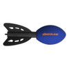 A blue football-shaped stress toy with black fins and a logo.