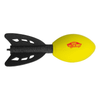 A yellow football-shaped toy with a black tail fin, featuring a logo on one side.