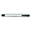 A silver slimline retractable box cutter with a black sliding mechanism and a keyring attachment.