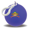 A purple rain poncho ball with a white clip and a logo on the surface.