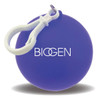 A round purple rain poncho ball with a white clip attachment and a logo on the front.