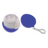 A blue carrying case containing a white rain poncho, featuring a clip for attachment.