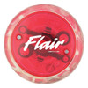 A red LED light-up yo-yo with a clear casing and a logo on the side.