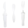 A plastic cutlery set featuring a white knife, fork, and spoon, with an integrated handle design.