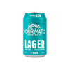 A drink can featuring a turquoise design, labelled as Lager, with a low carb and full flavour description.