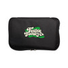 A black pouch with a logo on the front, featuring a zip closure and a compact design.