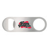 A silver bottle opener with a rounded edge and a logo featuring red and black text.
