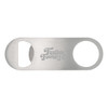 A silver bottle opener with a circular cutout and an engraved logo. Simple and sleek design.