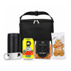 A black cooler bag with a drink bottle, beer can, beer nuts, and gingerbread biscuits. Includes a bottle opener.