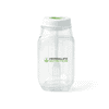 A clear plastic salad jar with a white lid and a branding logo. Features measurement markings on the side.