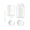 A clear plastic salad jar with a separate container, a fork, and two white lids.