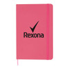 A pink A5 notebook with an elastic closure and a logo on the cover. The notebook features a smooth surface.