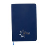 A navy blue A5 notebook with a silver logo at the bottom and a blue ribbon bookmark.