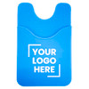 A blue phone wallet made of silicone, featuring a textured back and a placeholder for a logo.