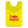 A bright yellow phone wallet featuring a textured design and a logo. Suitable for securing cards or cash.