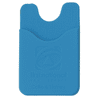 A blue phone wallet featuring a textured design and a logo, designed to hold cards or cash.