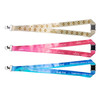 Three lanyards in gold, pink, and blue with clips. Each has distinctive patterns and a branding logo.