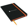A black A5 journal featuring an elastic band closure and a contrasting orange ribbon bookmark. It has a logo on the cover.