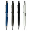 A collection of four metal pens in blue, olive green, black, and light grey, featuring various logos.