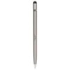 A metal pen in silver with a sleek design, featuring a black tip and a branding logo at the base.