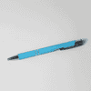 A metal pen in bright blue with silver accents, featuring a logo on the barrel.