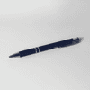 A metal pen in navy blue with silver accents, featuring a sleek design and branding.