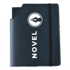 A black leatherette notebook with a pen icon and an elastic band closure. It has a logo on the front cover.