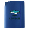 A blue leatherette notebook cover with an elastic strap and a pocket, featuring a logo on the front.