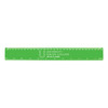 A green plastic ruler measuring 30cm, featuring a logo and printed measurement markings along its edge.
