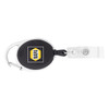 A retractable badge holder with a black casing, silver clip, and transparent strap, featuring a logo.