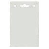 A clear plastic badge holder with two holes at the top for attaching a lanyard or clip.