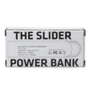 A power bank packaging in white with accents, featuring a logo and product details, designed for mobile devices.