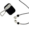 A set of white earbuds with a black carrying case and a metal clip for attachment. The earbuds are wired.