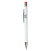A stylus pen featuring a white body with a red tip and chrome accents, also has a logo on the surface.