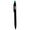 A black plastic pen with a green top and a logo on the barrel.