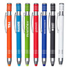 A set of eight metal pens in various colours, including orange, green, blue, red, black, and white, featuring clips and branding.