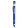 A blue metal pen featuring a silver clip and accents, with a branding logo on the side.