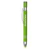 A metal pen in bright green with chrome accents, featuring a branding logo.