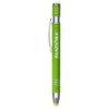 A green metal pen with a clip and a logo, featuring a sleek design and a silver accent.